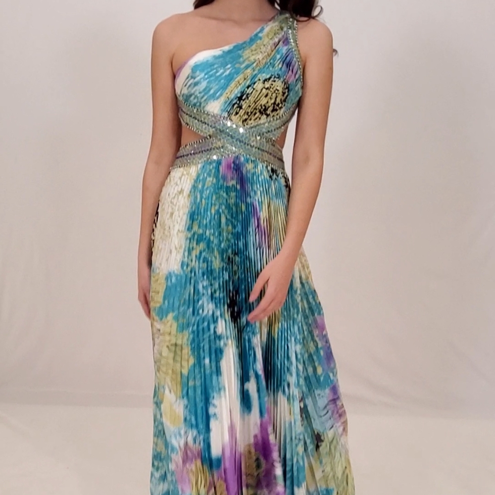 NWT One-Shoulder, Open Back Blue and Purple Multicolor Pleated Dress, Size S